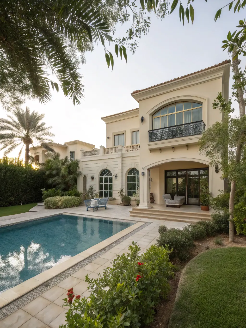 A high-angle view of a modern villa in Dubai with a pool and landscaped garden, representing property sales services.