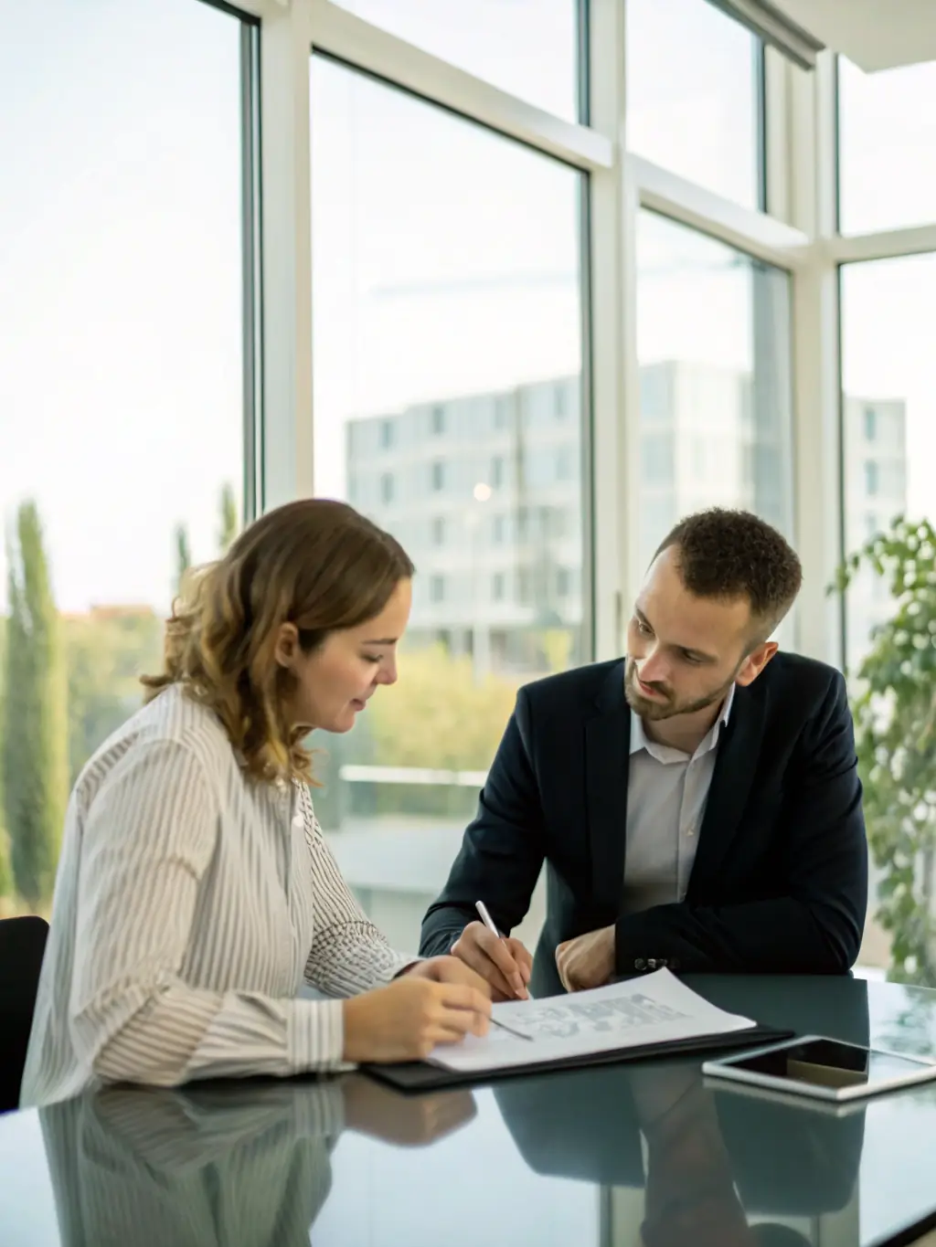 A professional real estate advisor reviewing financial documents with a client in a modern office setting, representing portfolio management services.