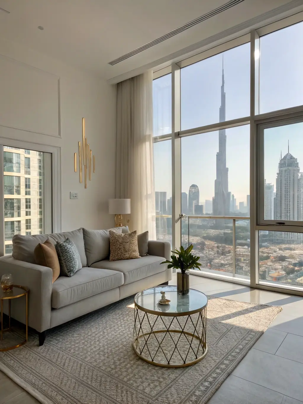 A modern, luxurious apartment interior in Dubai, showcasing high-end finishes and design, representing luxury real estate investment services.